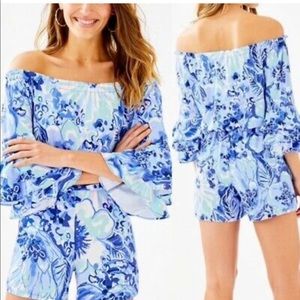 Lilly Pulitzer Calla off the shoulders romper in Coastal Blue